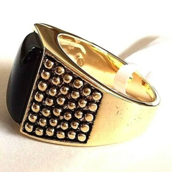 Gold Black Onyx Stone Ring Size 10 11 12 13 Mens Womens Unisex Statement - Picture 7 of 9